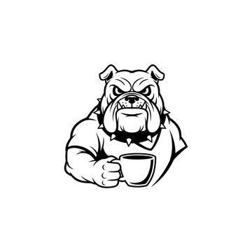 Bulldog with coffee mug, strong mascot, powerful, aggressive, black and white illustration