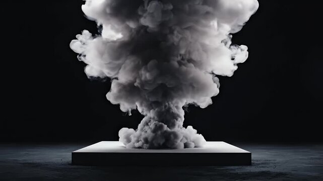 A monochrome mushroom cloud erupts from a dark pile on a white platform