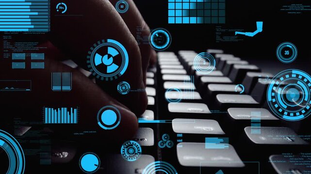 A close-up view of hands typing on a keyboard, enhanced by futuristic digital elements and graphs, illustrating the intersection of technology and data visualization in a modern workspace. Xenic