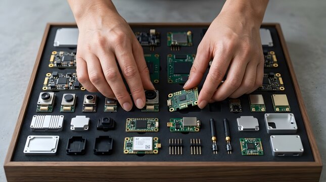 Hands working with electronic components in a wooden organizer box.