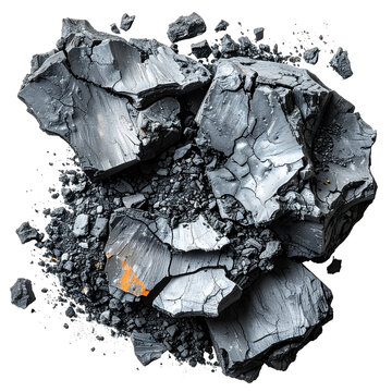 Shiny metallic ore rock fragments isolated white background