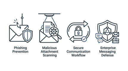 Cybersecurity Icons Representing Phishing Prevention Malicious Attachment Scanning Secure Communication and Enterprise Messaging Defense. © Sanjaya