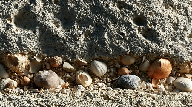 Natural conglomerate rock formation with embedded river pebbles and fossils.