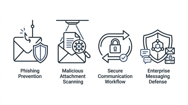 Cybersecurity Icons Representing Phishing Prevention Malicious Attachment Scanning Secure Communication and Enterprise Messaging Defense.
