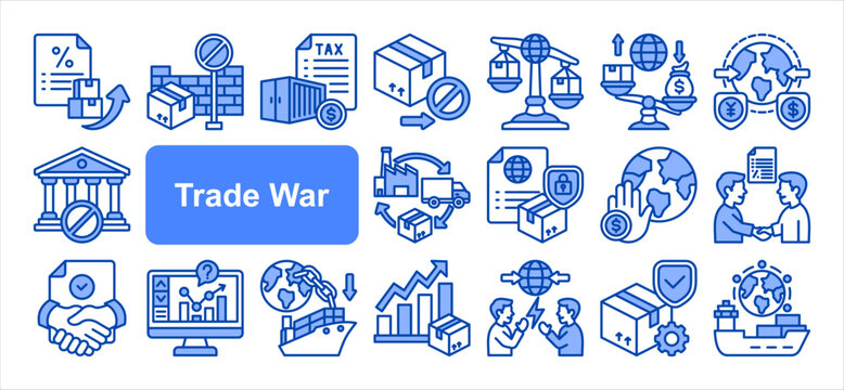 Trade War icon set, with Export Ban, Export Control, Sanctions, Economic Sancti.