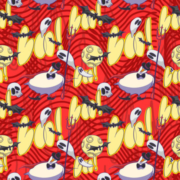 bold seamless pattern features a comical white duck dressed as a classic vampire, complete with a dark cape, top hat, and elegant bow tie. The character stands amidst large, stylized "Boo!" text, floa