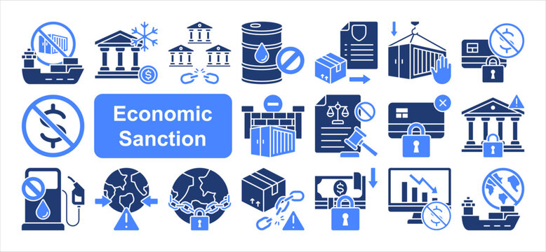 Economic Sanction icon set, with Oil Embargo, Energy Sanction, Export Control, Import Restrict.