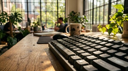 Fototapeta premium Modern Workspace with Mechanical Keyboard and Coffee Mug Near Window