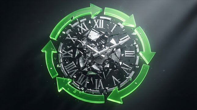 Shattered clock with circular green arrows time recycling concept