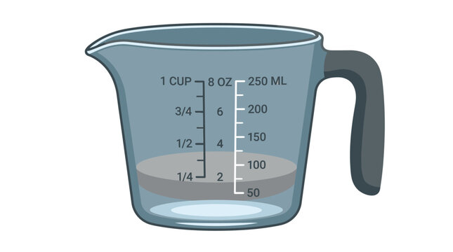 Illustration of a clear measuring cup with liquid and precise measurements.