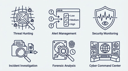 Cybersecurity Icons Representing Threat Hunting Alert Management Security Monitoring Incident Investigation Forensic Analysis and Cyber Command Center. © Sanjaya