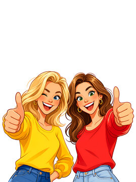 Two joyful young women showing thumbs up gesture as a sign of approval and success in a stylized cartoon illustration