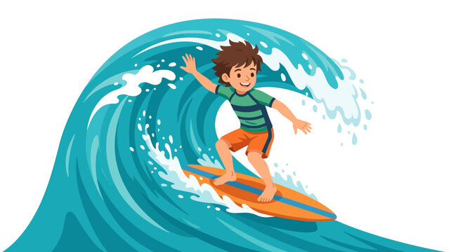 Happy halloween day Cheerful young boy surfing on a big ocean wave, cartoon child surfer on surfboard, summer beach sports vector illustration isolated on White Background flat vector eps