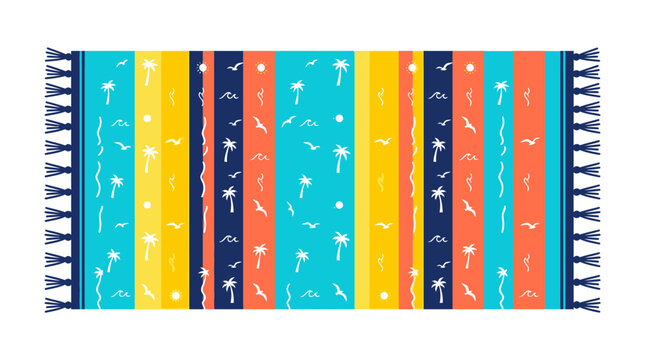 Summer day Tropical beach towel vector with colorful stripes, summer vacation mat with palm trees and seagulls, vibrant poolside rug with fringe tassels isolated on White Background flat vector