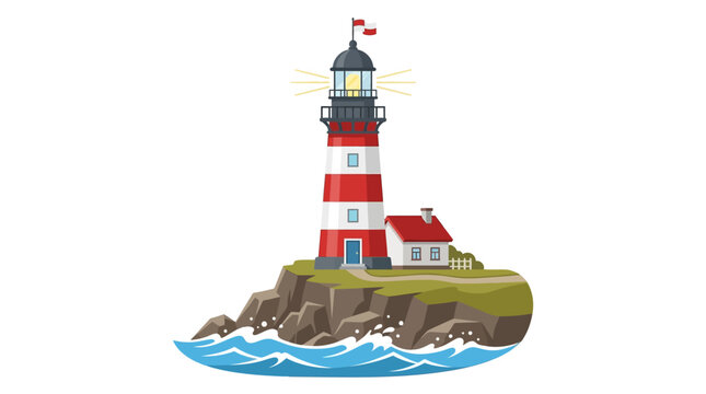 Summer day Nautical lighthouse vector illustration, red and white striped coastal beacon on rocky cliff, maritime sea tower with light beams and ocean waves isolated on White Background flat