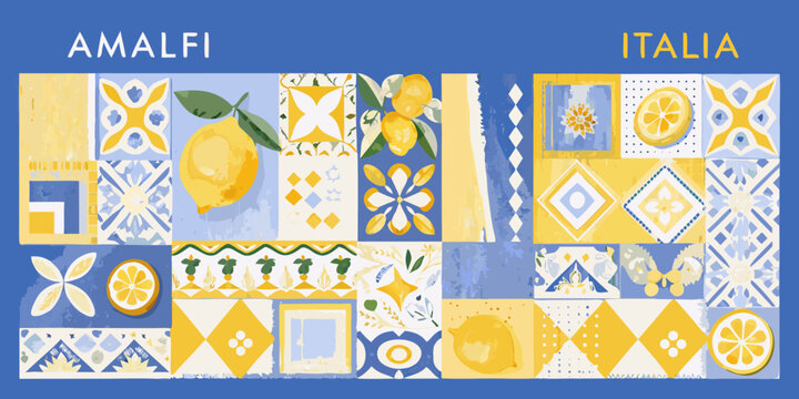 amalfi tiles with lemons and floral patterns vector illustration blue yellow italia design mediterranean culture travel vacation summer fruit flowers geometric shapes artwork