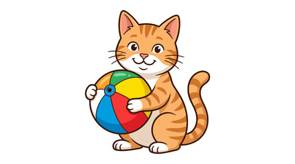 Summer day Cute ginger tabby cat holding colorful beach ball, playful orange kitten cartoon character vector, happy domestic pet animal illustration isolated on White Background flat vector eps