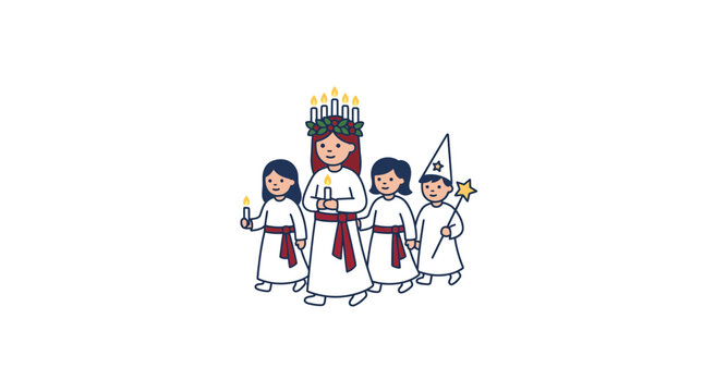 Saint Lucia Procession: Girl with Crown of Candles and Children Carrying Lights