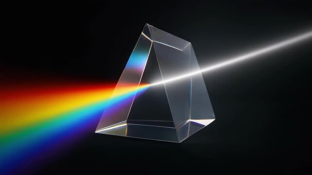 A triangular glass prism dispersing white light into a spectrum of colors