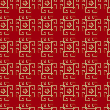 A red seamless illustration with a rich gold Chinese floral pattern.