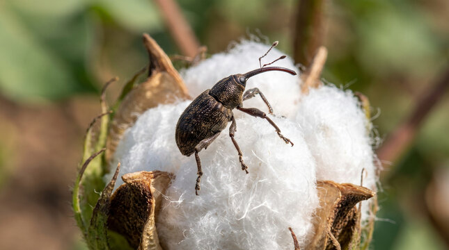 Brown weevil insect resting on a fluffy white open cotton boll