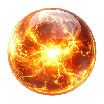 Glowing fiery energy orb with lightning isolated white background