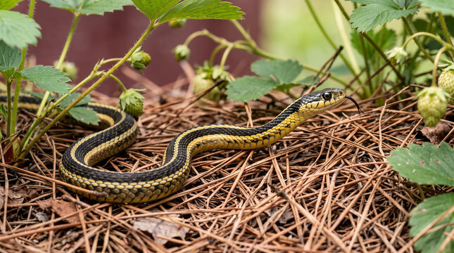 Yellow and black striped garter snake slithering near strawberry plants