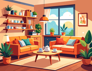Colorful cozy living room with bookshelves plants and sofa flat vector © Deva