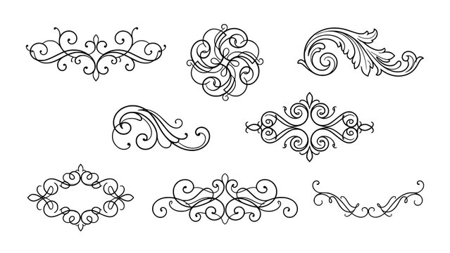 Set of black vintage swirl floral filigree ornaments and decorative scroll borders