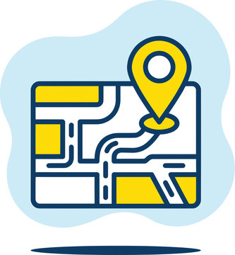 Navigation map icon with yellow location pin and road route