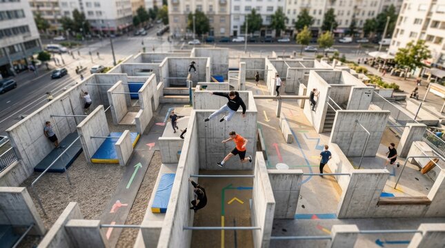 Modern public concrete parkour training field park maze featuring high wall obstacles inside urban pedestrian square plaza