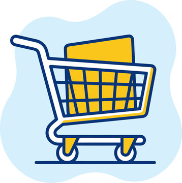 Shopping cart with yellow package icon for e commerce and retail