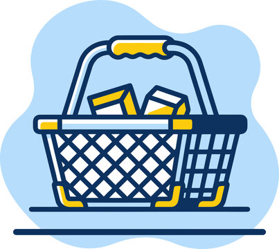 Flat vector illustration of a blue and yellow shopping basket with products