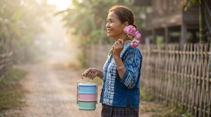 Fototapeta premium Smiling senior Asian woman holding lotus flowers and food carrier on rural road in morning sunlight