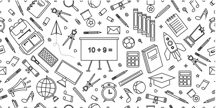 School supplies seamless pattern background. School attributes seamless pattern. Student accessories repeat background. Back to school banner. Education themed doodle pattern background.