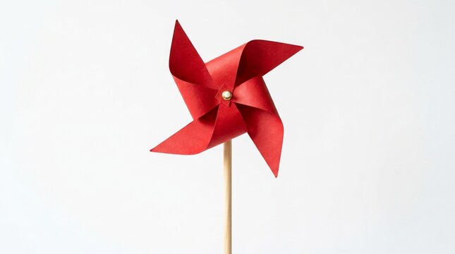 A single red paper pinwheel toy isolated on a plain white background.
