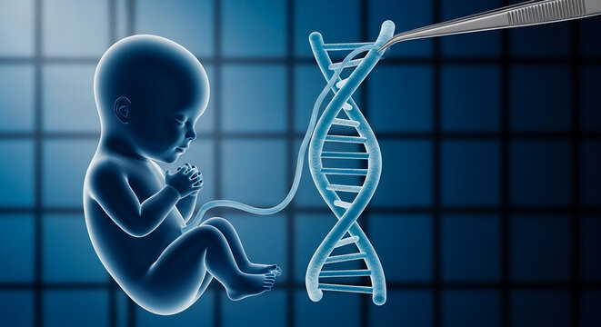 Genetic engineering concept with human fetus and DNA helix, biotechnology research of embryo development, blue medical science illustration of gene editing