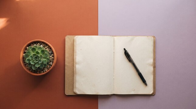 Top view of an open notebook with a black pen and a succulent plant on a split orange and purple background