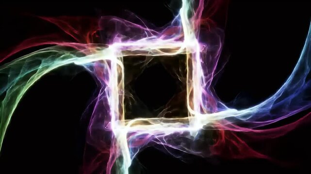 Abstract luminous ethereal streams of multicolored light swirl around a dark square