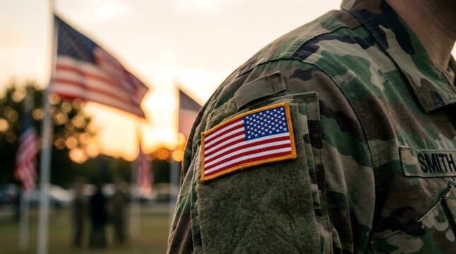 Us military uniform detail with american flag patch and blurred background