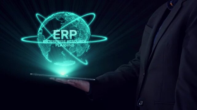 ERP platform visual showing centralized system for enterprise resource planning, improving integration, data flow, business efficiency, finance, inventory, and human resources. Elide