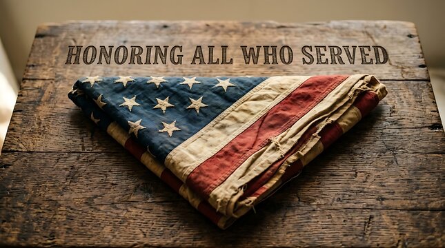 Worn american flag with 'honoring all who served' engraved wood background