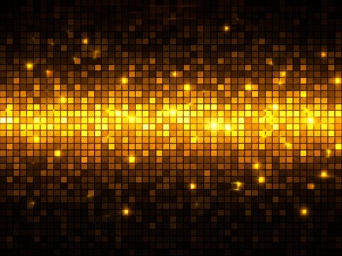 Colorful Gold Disco Background with Abstract Square Pixel Light Pattern