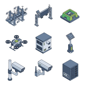 Collection of isometric icons representing modern technology and surveillance systems.