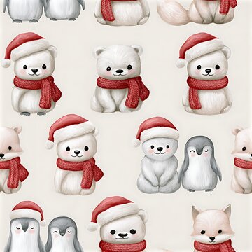Cute Christmas polar bear and penguin seamless pattern with red scarves and hats