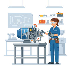A female engineer in a workshop is using a handheld device to test a complex engine model on a workbench surrounded by tools. © Alika