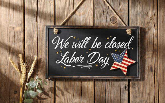 We will be closed labor day sign on a chalkboard with a patriotic star ornament and wheat stalks against a dark brown wooden plank wall background