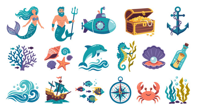 Flat Illustration Vector Set of Marine Life and Objects