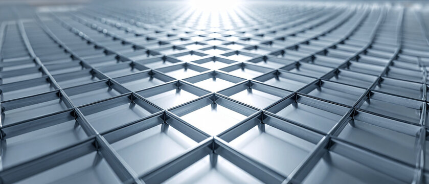 Metal grid structure geometry background template technology industry architecture steel pattern line perspective backdrop macro photography reflection surface construction frame layout render UI art.