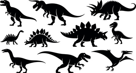 Set of dinosaur silhouettes including rex triceratops stegosaurus pterodactyl vector icons isolated on white background for design © Raju